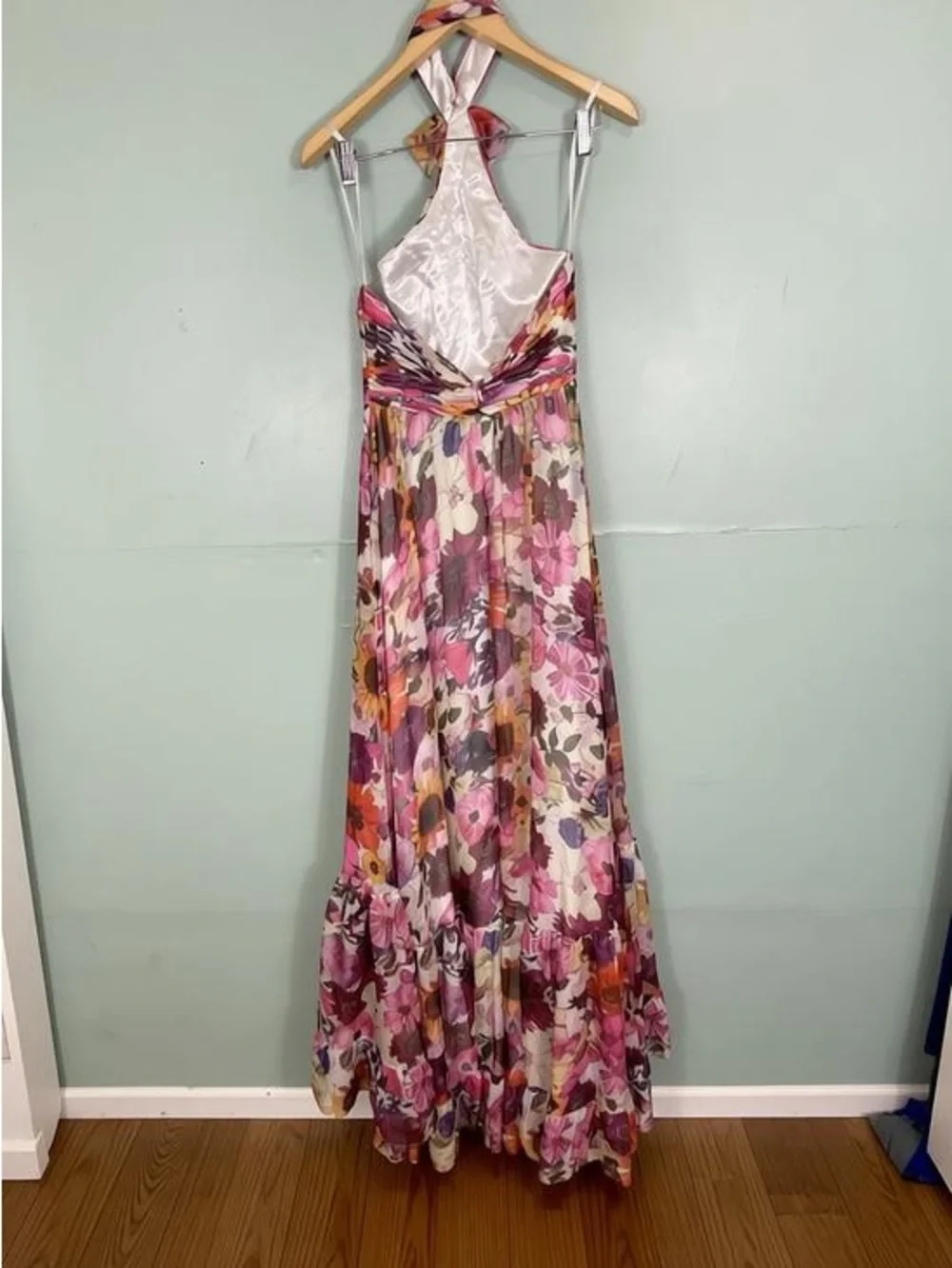 Mac Duggal Asymmetrical Ruffled Halter Gown Floral Maxi Dress Size 4 - Picture 7 of 13